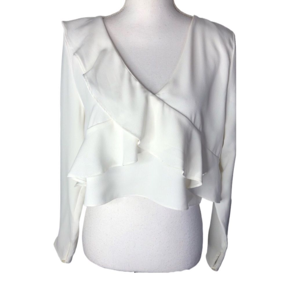 Zara Trafaluc Collection White Long Sleeve Ruffle Crop Top